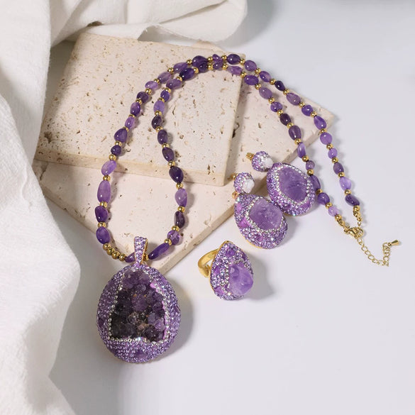 Jewelry Accessories Natural Amethyst Copper Crystal Pendant Women's Geometric Regular Chain Electroplated Necklace And Bracelet