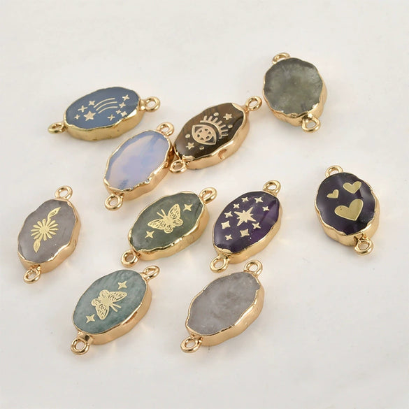 Jewelry Accessories Natural Crystal Jade Double Hanging Oval Copper Goldplated Pendant Diy Handmade Bracelet Necklace Connection