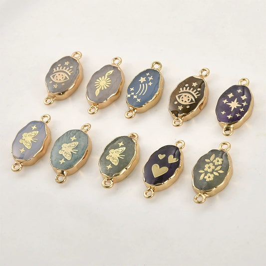 Jewelry Accessories Natural Crystal Jade Double Hanging Oval Copper Goldplated Pendant Diy Handmade Bracelet Necklace Connection