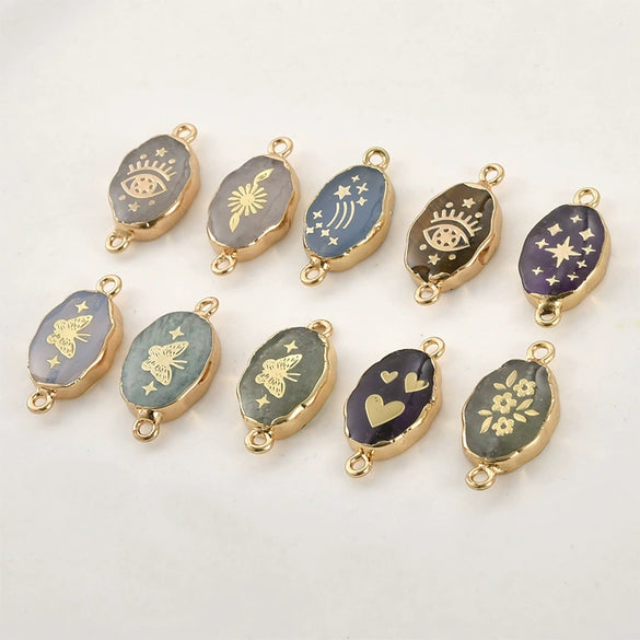 Jewelry Accessories Natural Crystal Jade Double Hanging Oval Copper Goldplated Pendant Diy Handmade Bracelet Necklace Connection