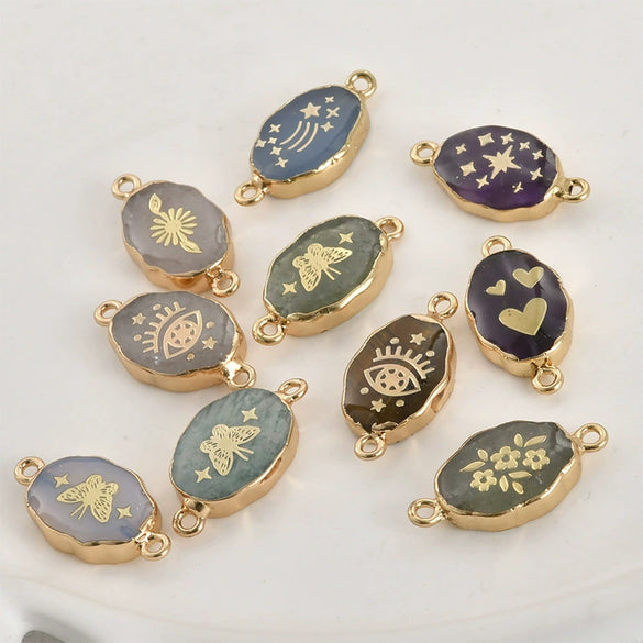 Jewelry Accessories Natural Crystal Jade Double Hanging Oval Copper Goldplated Pendant Diy Handmade Bracelet Necklace Connection