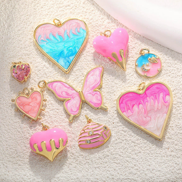 Jewelry Accessories Pendant Copper Real Gold Plated Sweet Style Love Butterfly Shell Crystal With Heart Shape And Insect Pattern Dripping Oil Design