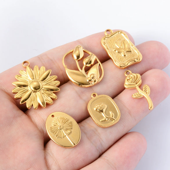 Jewelry Accessories Rose Pendant Retro Flower Stainless Steel Irregular Electroplated Diy Handmade Earrings Necklace