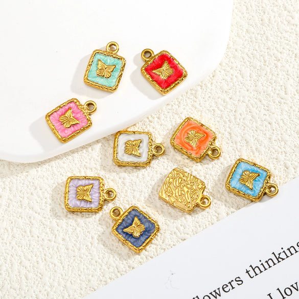 Jewelry Accessories Stainless Steel Enamel Square Butterfly Pendant Dripping Oil Style