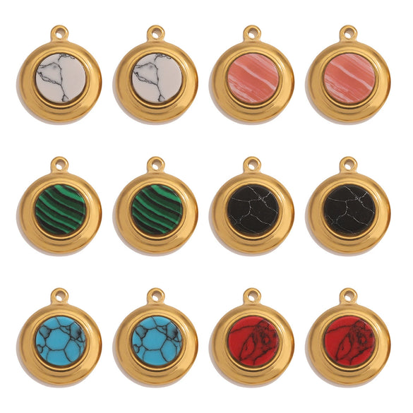 Jewelry Accessories Stainless Steel Gold Plated Natural Stone Round Bohemian Flat Back Charm Pendant Diy Earrings With Fish Pattern Retro Style