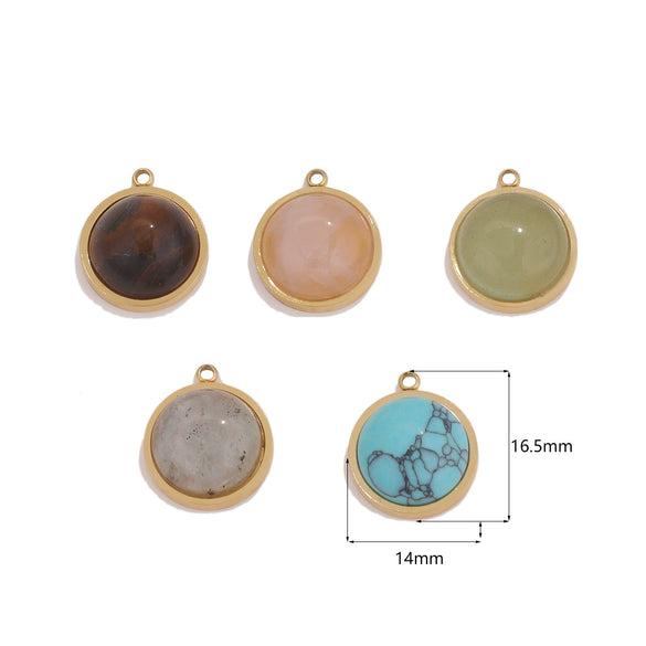 Jewelry Accessories Stainless Steel Gold Plated Natural Stone Round Bohemian Flat Back Charm Pendant Diy Earrings With Fish Pattern Retro Style