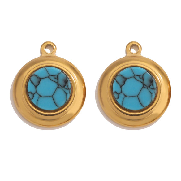 Jewelry Accessories Stainless Steel Gold Plated Natural Stone Round Bohemian Flat Back Charm Pendant Diy Earrings With Fish Pattern Retro Style