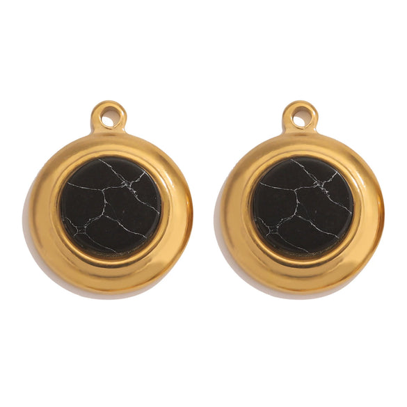 Jewelry Accessories Stainless Steel Gold Plated Natural Stone Round Bohemian Flat Back Charm Pendant Diy Earrings With Fish Pattern Retro Style