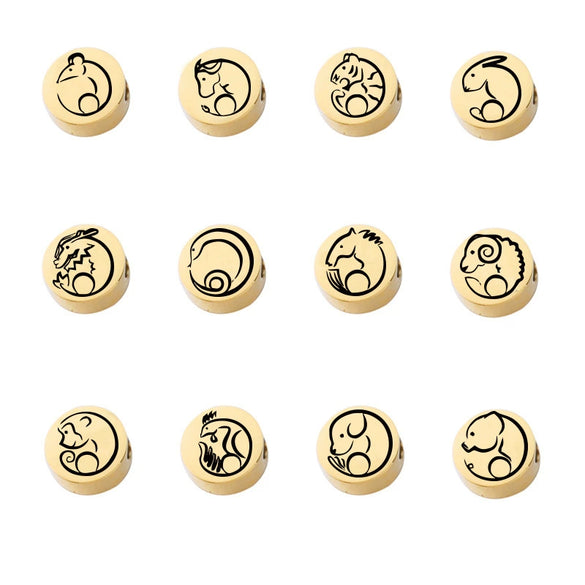 Jewelry Accessories Titanium Steel And Stainless Steel 12 Zodiac Round Hole Bead Spacer Bead Pendant Mirror Polished Laser Positioning Electroplated