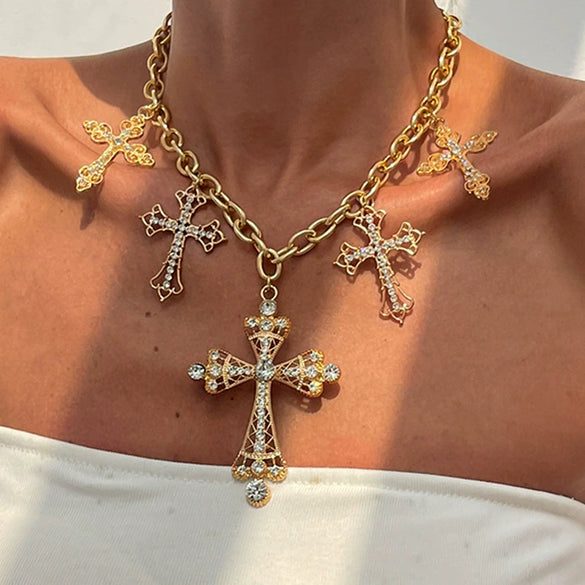 Jewelry Alloy Aluminum Chain Rhinestone Geometric Cross Hip Hop Style Electroplated Necklace For Women