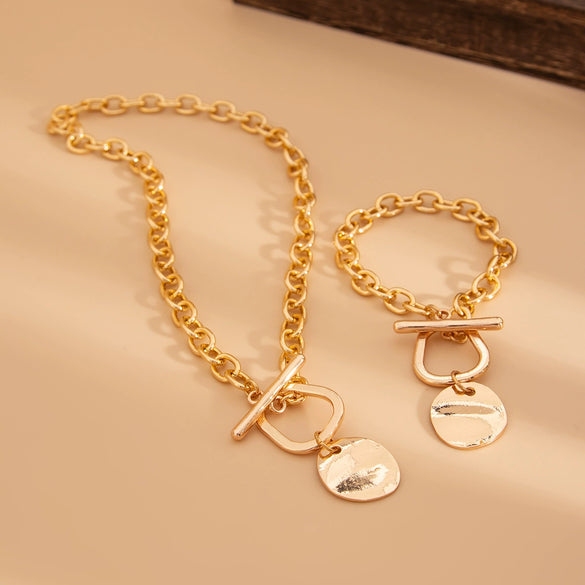 Jewelry Alloy Aluminum Clavicle Chain U Shape Metallic Disc Pendant Minimalist Electroplating Necklace Set For Women