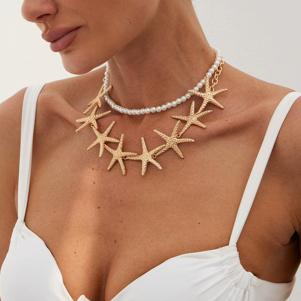 Jewelry Alloy And Imitation Pearl Geometric Starfish Electroplated Multilayer Clavicle Chain For Women