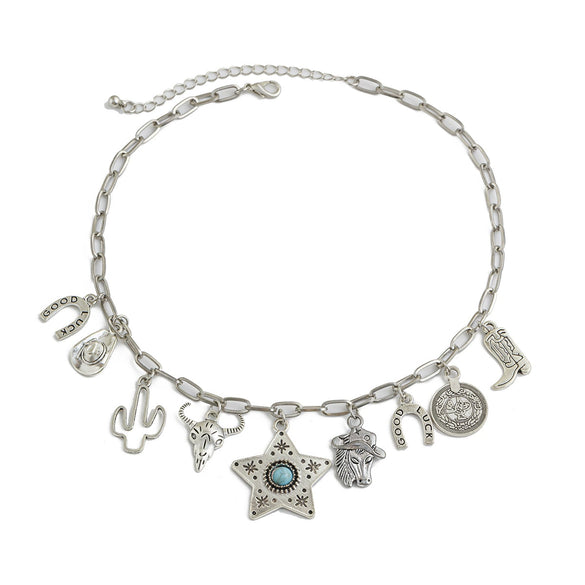 Jewelry Alloy And Iron Chain With Turquoise Cow Head Pendant Geometric Pattern Electroplated Clavicle Chain For Women