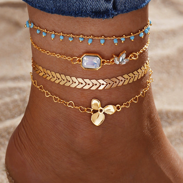 Jewelry Alloy Anklet With Rhinestone Butterfly Tassel And Geometric Pattern