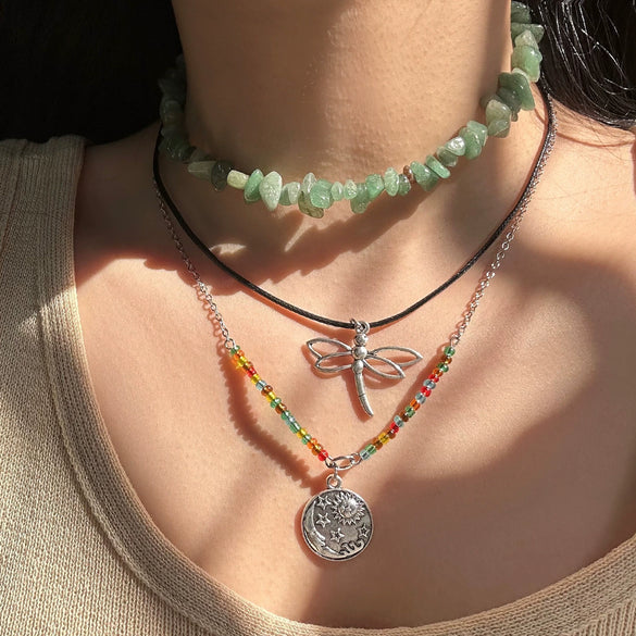 Jewelry Alloy Artificial Crystal Dragonfly Zodiac Geometric Irregular Gravel Multi Layer Necklace For Women Electroplated
