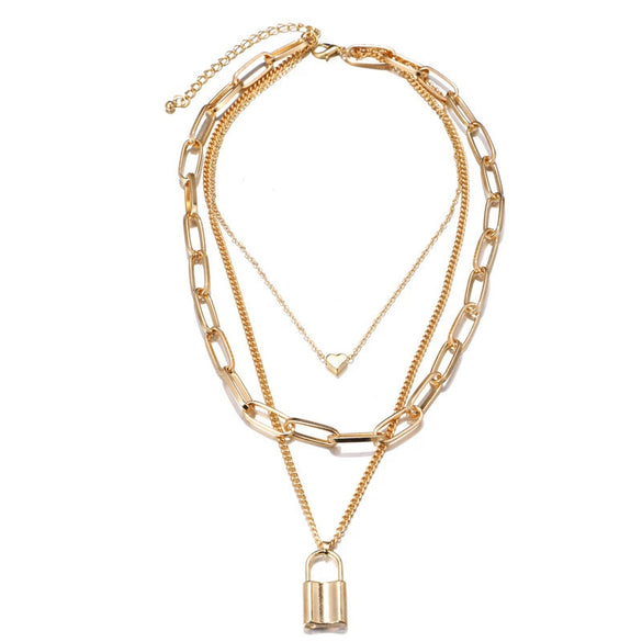 Jewelry Alloy Ball Chain Geometric Lock Love Handmade Necklace Unisex Retro Multilayer Simple Exaggerated