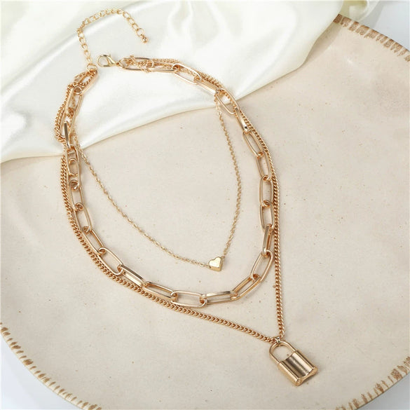 Jewelry Alloy Ball Chain Geometric Lock Love Handmade Necklace Unisex Retro Multilayer Simple Exaggerated