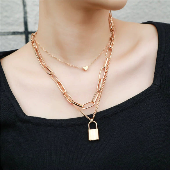 Jewelry Alloy Ball Chain Geometric Lock Love Handmade Necklace Unisex Retro Multilayer Simple Exaggerated