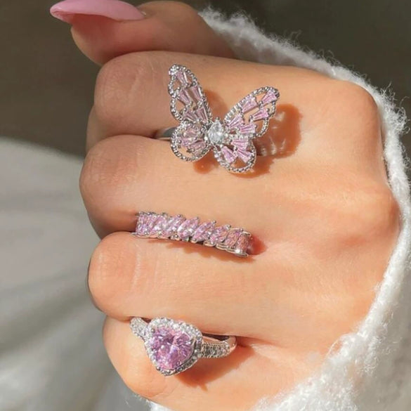 Jewelry Alloy Butterfly Love Ring With Pink Diamond Encrusted Electroplating For Women With Heart Shape Pattern