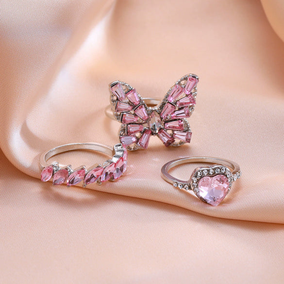 Jewelry Alloy Butterfly Love Ring With Pink Diamond Encrusted Electroplating For Women With Heart Shape Pattern