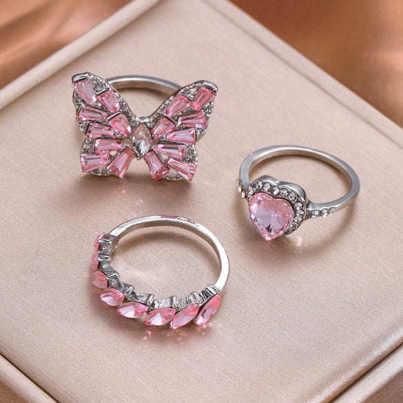 Jewelry Alloy Butterfly Love Ring With Pink Diamond Encrusted Electroplating For Women With Heart Shape Pattern