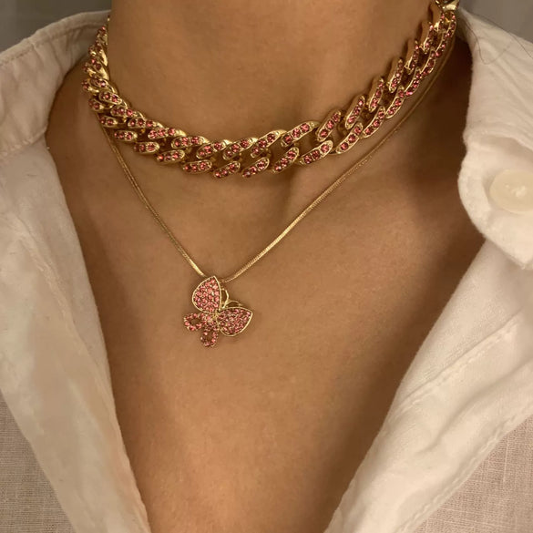 Jewelry Alloy Butterfly Pendant Necklace With Diamond Vintage Geometric Style Cuban Chain Electroplating