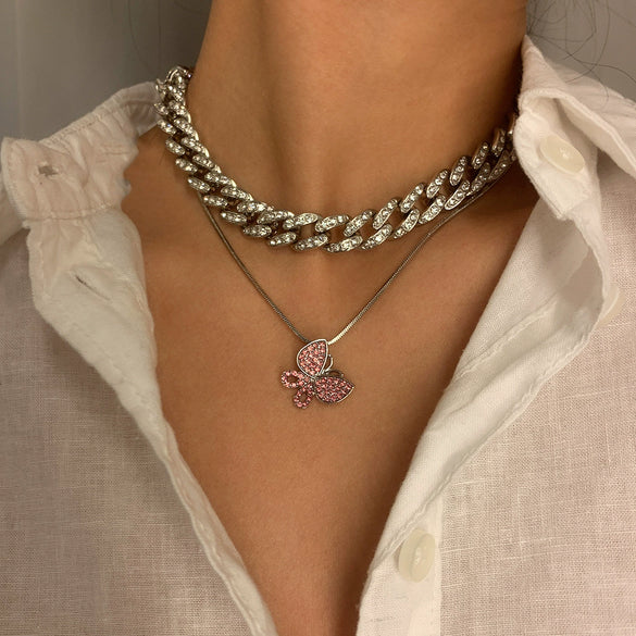 Jewelry Alloy Butterfly Pendant Necklace With Diamond Vintage Geometric Style Cuban Chain Electroplating