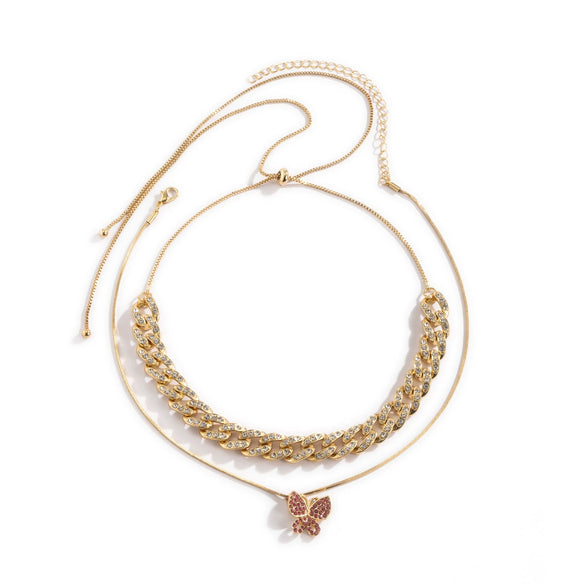 Jewelry Alloy Butterfly Pendant Necklace With Diamond Vintage Geometric Style Cuban Chain Electroplating