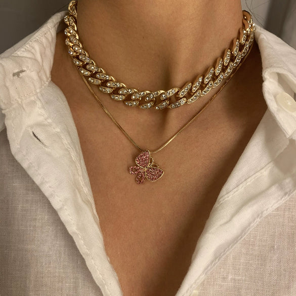 Jewelry Alloy Butterfly Pendant Necklace With Diamond Vintage Geometric Style Cuban Chain Electroplating