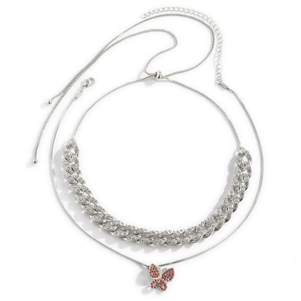 Jewelry Alloy Butterfly Pendant Necklace With Diamond Vintage Geometric Style Cuban Chain Electroplating