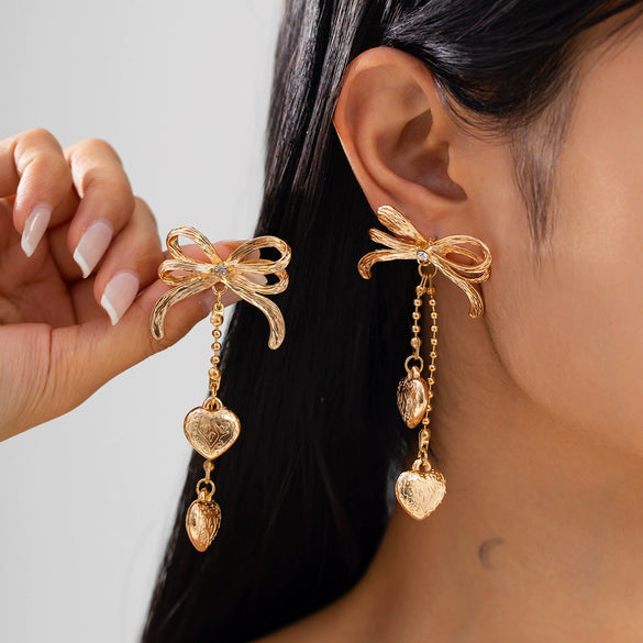 Jewelry Alloy Ccb Copper Chain Heart Shape Bow Tassel Bead Long Earrings For Women