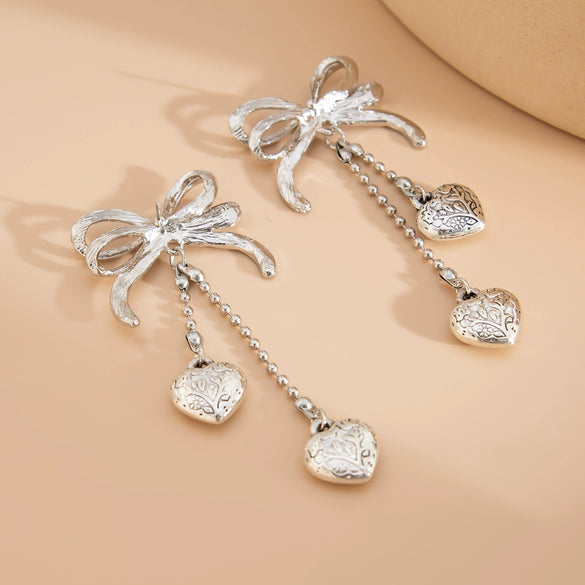 Jewelry Alloy Ccb Copper Chain Heart Shape Bow Tassel Bead Long Earrings For Women
