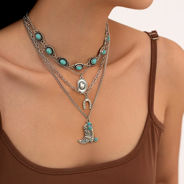 Jewelry Alloy Clavicle Chain Necklace With Geometric Pattern Electroplated Punk Style And Imitation Turquoise Beads