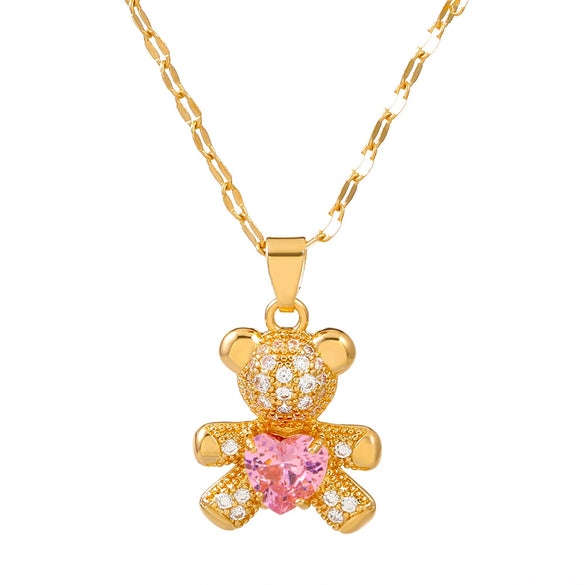 Jewelry Alloy Copper Love Bear Pendant Necklace With Diamond Microinlay Electroplating Water Wave Chain Animals Zodiac Style