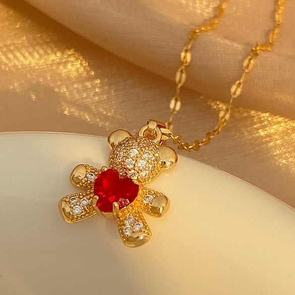 Jewelry Alloy Copper Love Bear Pendant Necklace With Diamond Microinlay Electroplating Water Wave Chain Animals Zodiac Style