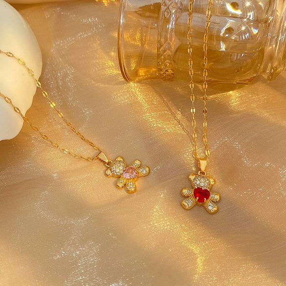 Jewelry Alloy Copper Love Bear Pendant Necklace With Diamond Microinlay Electroplating Water Wave Chain Animals Zodiac Style