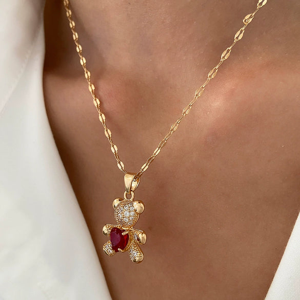 Jewelry Alloy Copper Love Bear Pendant Necklace With Diamond Microinlay Electroplating Water Wave Chain Animals Zodiac Style