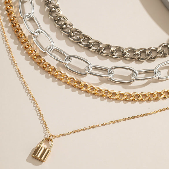 Jewelry Alloy Cross Chain Punk Hiphop Multilayer Thick Chain Necklace For Women Retro Geometric Electroplated