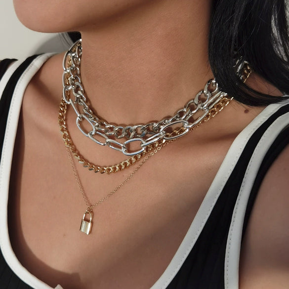 Jewelry Alloy Cross Chain Punk Hiphop Multilayer Thick Chain Necklace For Women Retro Geometric Electroplated