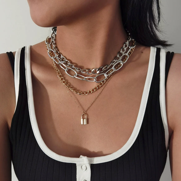 Jewelry Alloy Cross Chain Punk Hiphop Multilayer Thick Chain Necklace For Women Retro Geometric Electroplated