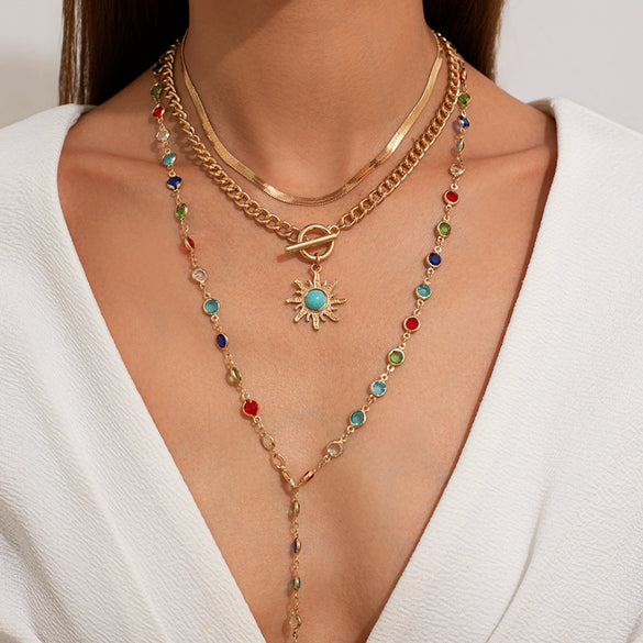 Jewelry Alloy Crystal Clavicle Chain With Sunflower Geometric Pattern And Electroplating Process In Sweet Style For Women