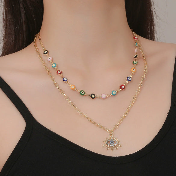 Jewelry Alloy Devil's Eye Pendant Multilayer Necklace With Geometric Wave Pattern And Electroplating Treatment For Women