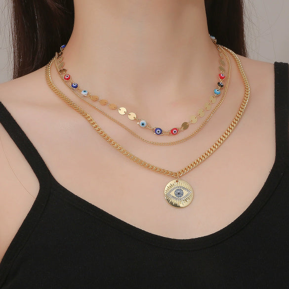 Jewelry Alloy Devil's Eye Pendant Multilayer Necklace With Geometric Wave Pattern And Electroplating Treatment For Women