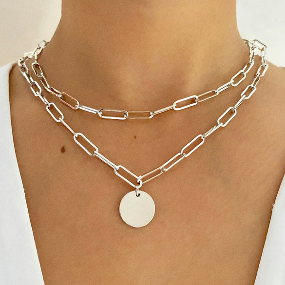 Jewelry Alloy Double Layer Mixed Color Hip Hop Clavicle Chain With Geometric Pattern And Dripping Oil Treatment For Women
