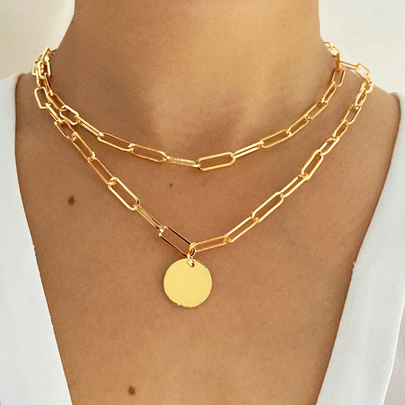 Jewelry Alloy Double Layer Mixed Color Hip Hop Clavicle Chain With Geometric Pattern And Dripping Oil Treatment For Women