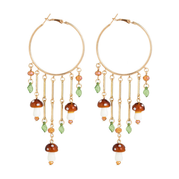 Jewelry Alloy Forest Style Mushroom Leaf Flower Exaggerated Pendant Tassel Earrings Electroplated