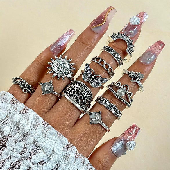 Jewelry Alloy Geometric Black Gemstone Ring Set With Electroplating