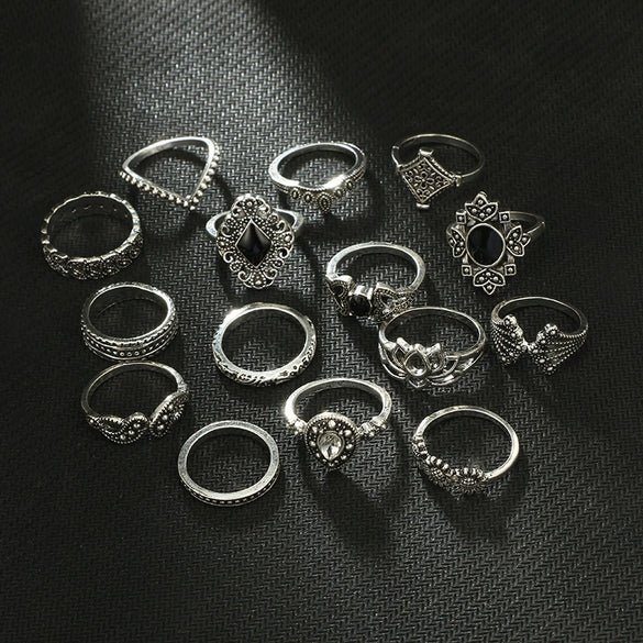Jewelry Alloy Geometric Black Gemstone Ring Set With Electroplating
