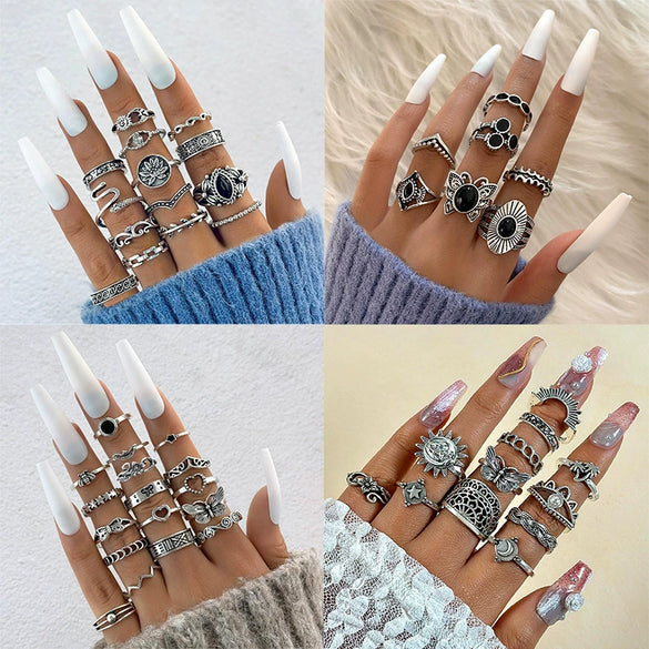 Jewelry Alloy Geometric Black Gemstone Ring Set With Electroplating