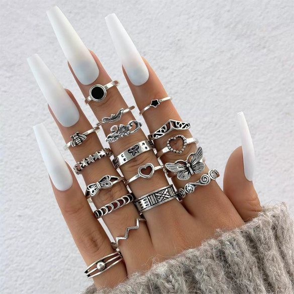 Jewelry Alloy Geometric Black Gemstone Ring Set With Electroplating